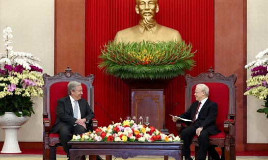 Tổng Bí thư Nguyễn Phú Trọng tiếp Tổng Thư ký Liên Hợp Quốc António Guterres. Ảnh: Hải Nguyễn