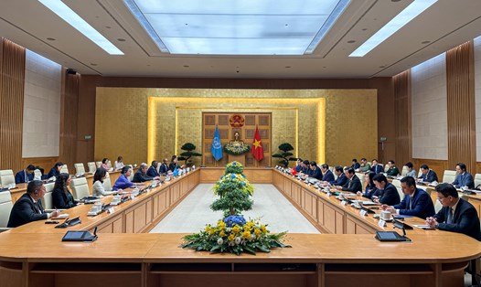 Quang cảnh cuộc gặp giữa Thủ tướng Phạm Minh Chính và Tổng Thư ký Liên Hợp Quốc António Guterres. Ảnh: Hải Nguyễn