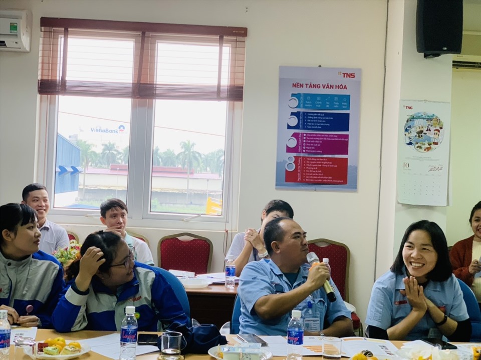 Các cán bộ Công đoàn, cán bộ hành chính nhân sự tại các doanh nghiệp đông công nhân lao động trong các khu công nghiệp trên địa bàn Hà Nội trao đổi về nội dung Dự án. Ảnh: CĐN