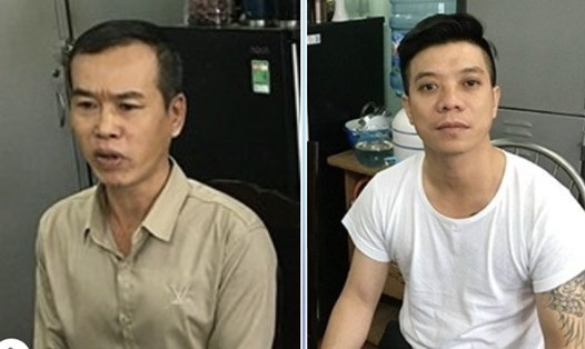 Chủ quán karaoke Trần Văn Vĩnh (áo trắng) và Tuấn Anh tại cơ quan công an. Ảnh: CA ĐN