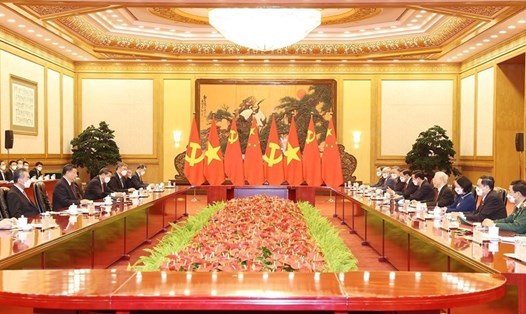 Tổng Bí thư Nguyễn Phú Trọng hội đàm với Tổng Bí thư, Chủ tịch Trung Quốc Tập Cận Bình. Ảnh: TTXVN