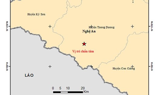 Vị trí xảy ra trận động đất tại huyện Tương Dương - Nghệ An. Ảnh: TL