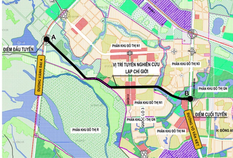 Vị trí tuyến đường nối từ đường Võ Văn Kiệt đến đường Vành đai 4 - Vùng Thủ đô Hà Nội, đoạn qua địa bàn 2 huyện Mê Linh và Đông Anh.