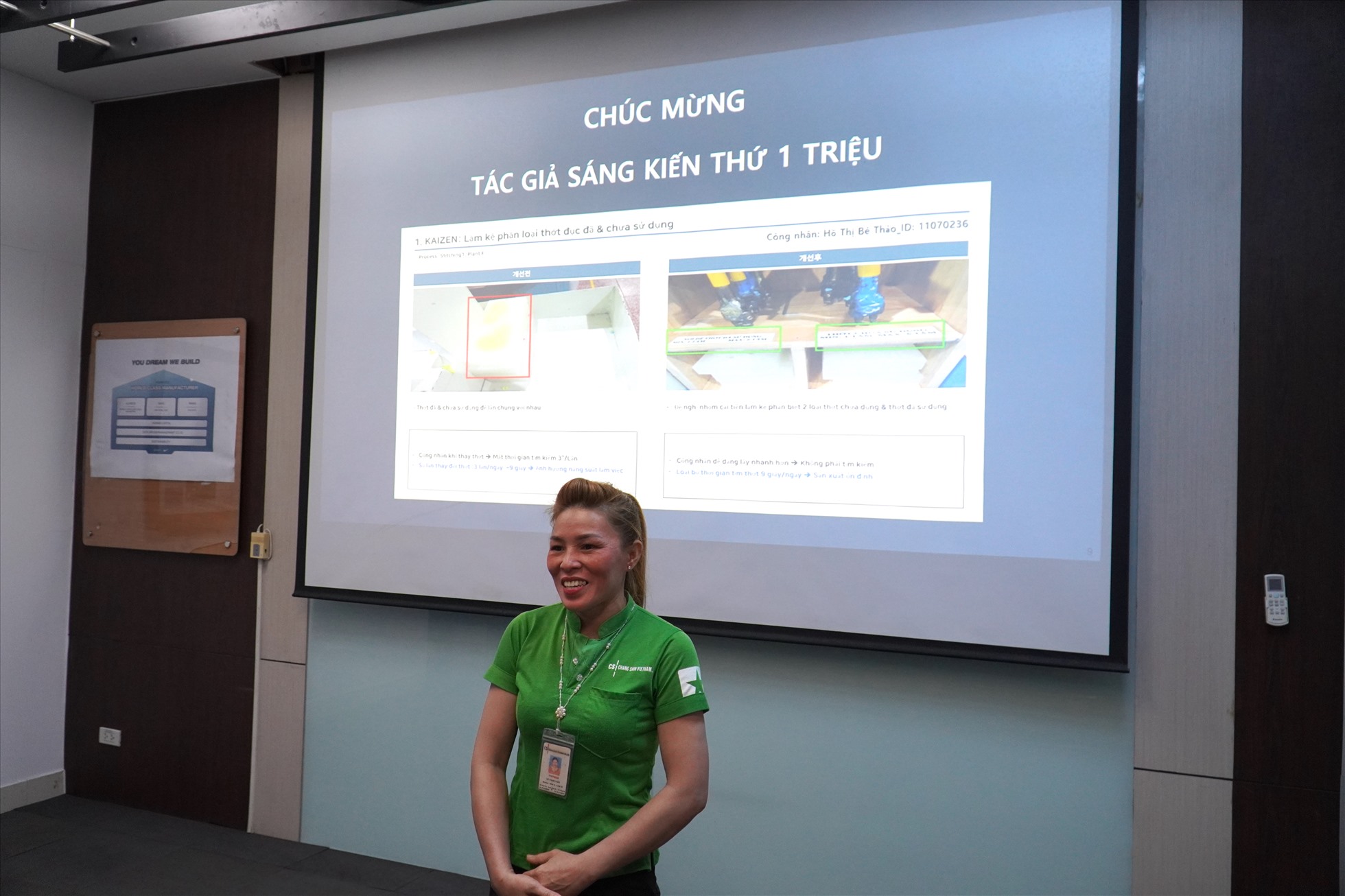 Đoàn viên Hồ Thị Bé Thảo, 37 tuổi, là công nhân công ty TNHH Changshin Việt Nam vừa là một trong 3 người cùng đạt mốc 1 triệu sáng kiến. Ảnh: Hà Anh Chiến