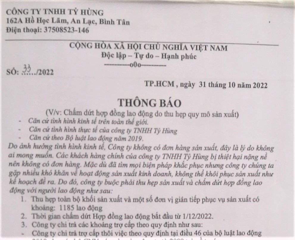 Gần 1.200 công nhân bị chấm dứt HĐLĐ do công ty không có đơn hàng