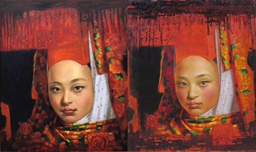 Bức tranh có tên “Cô gái Dao đỏ” của hoạ sĩ Lê Thế Anh (trái) và tranh chép lại (phải) được Lê Thế Anh ký tên. Ảnh: NVCC