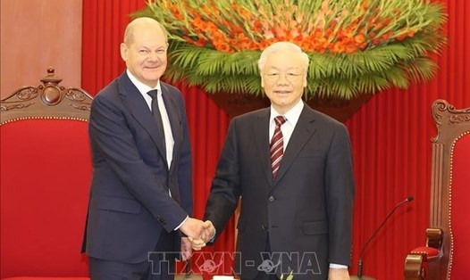 Tổng Bí thư Nguyễn Phú Trọng tiếp Thủ tướng Đức Olaf Scholz thăm chính thức Việt Nam. Ảnh: TTXVN