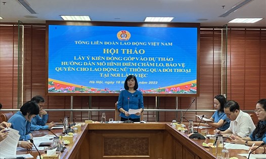 Bà Đỗ Hồng Vân – Uỷ viên Ban chấp hành Tổng Liên đoàn Lao động Việt Nam, Quyền trưởng ban Nữ công Tổng Liên đoàn chủ trì Hội thảo. Ảnh: Linh Nguyên