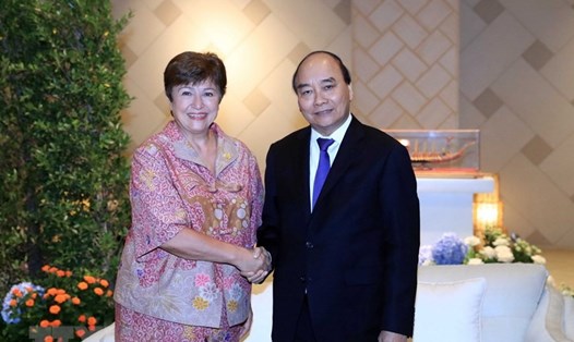 Chủ tịch nước Nguyễn Xuân Phúc tiếp Tổng Giám đốc IMF Kristalina Georgieva. Ảnh: TTXVN