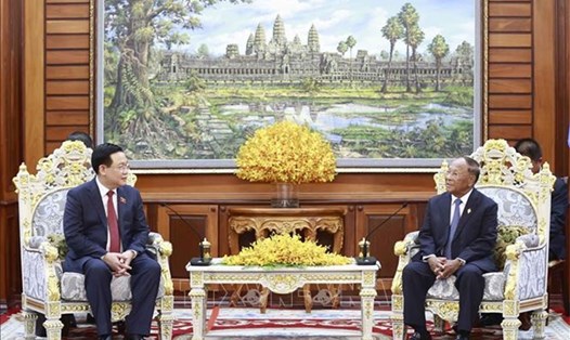 Chủ tịch Quốc hội Campuchia Samdech Heng Samrin tiếp thân mật Chủ tịch Quốc hội Vương Đình Huệ trước hội đàm. Ảnh: TTXVN