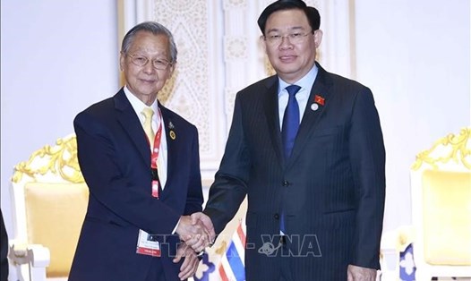 Chủ tịch Quốc hội Vương Đình Huệ và Chủ tịch Hạ viện Thái Lan Chuan Leekpai. Ảnh: TTXVN