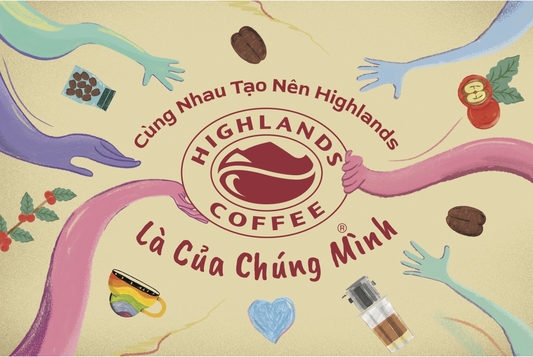 Highlands Coffee làm mới logo và ra mắt thông điệp hướng về cộng đồng: “Highlands Coffee® Là Của Chúng Mình”. Ảnh: DNCC