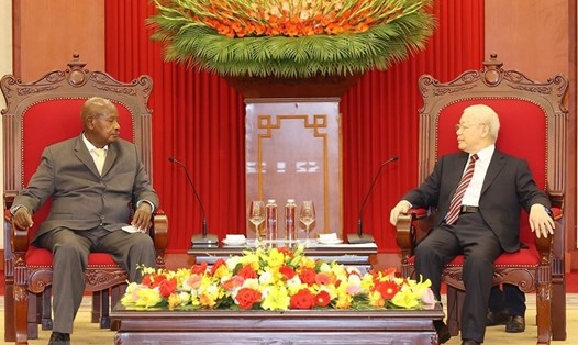 Tổng Bí thư Nguyễn Phú Trọng tiếp Tổng thống Uganda Yoweri Kaguta Museveni. Ảnh: TTXVN