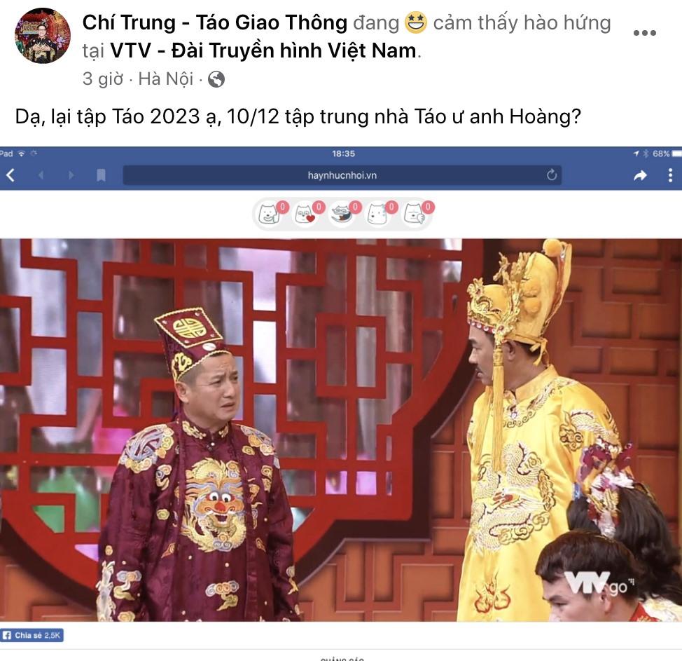 Trang Fanpage của Chí Trung đăng tải hình ảnh về “Táo Quân“. Ảnh chụp màn hình