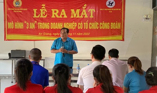 Ông Tô Minh Lắm - Chủ tịch Công đoàn các khu công nghiệp tỉnh An Giang - phát biểu chỉ đạo nội dung thực hiện mô hình “3 An” trong doanh nghiệp. Ảnh: Quốc Tín