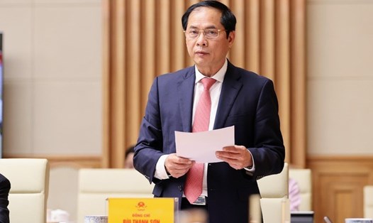 Bộ trưởng Bộ Ngoại giao Bùi Thanh Sơn báo cáo kết quả triển khai công tác ngoại giao vaccine. Ảnh: Nhật Bắc
