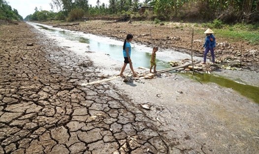 Trong những năm qua, hạn mặn tiếp tục xảy ra tại nhiều tỉnh Đồng bằng sông Cửu Long. Một số kênh, rạch tại các địa phương khô cạn. Ảnh: Nhật Hồ