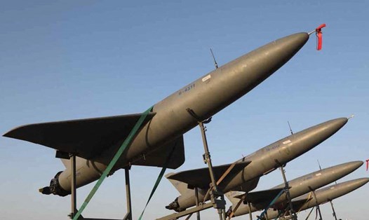 Máy bay không người lái "kamikaze" của quân đội Iran được trong cuộc tập trận UAV kéo dài 2 ngày vào tháng 8.2022, tại một địa điểm không được tiết lộ ở Iran. Ảnh: AFP