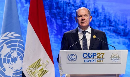 Thủ tướng Đức Olaf Scholz phát biểu tại hội nghị thượng đỉnh về khí hậu COP27 ở Ai Cập ngày 7.11. Ảnh: AFP