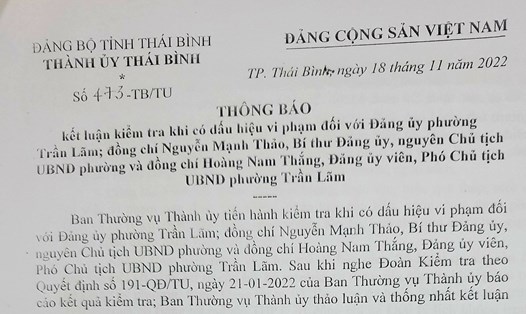 Thông báo kết luận của Ban Thường vụ Thành ủy TP Thái Bình về hàng loạt vi phạm tại phường Trần Lãm từ năm 2000 đến nay. Ảnh chụp văn bản.