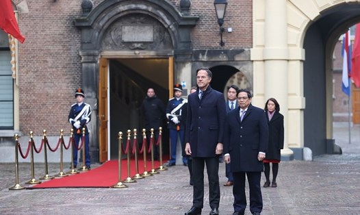 Thủ tướng Hà Lan Mark Rutte chủ trì lễ đón Thủ tướng Phạm Minh Chính. Ảnh: TTXVN