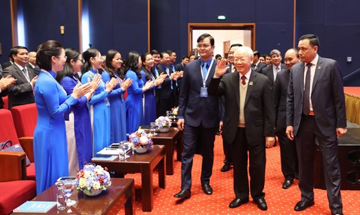 Tổng Bí thư Nguyễn Phú Trọng đến dự phiên trọng thể Đại hội Đoàn toàn quốc lần thứ XII. Ảnh: Đậu Tiến Đạt