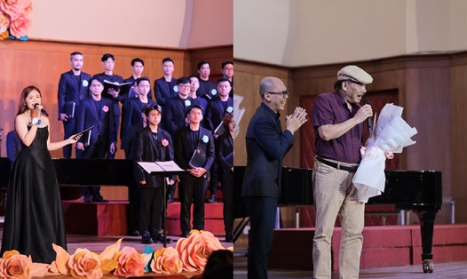 Nhạc sĩ Trần Tiến dành lời khen cho Saigon Choir trong đêm diễn dịp Giáng sinh. Ảnh: Nghệ sĩ cung cấp.