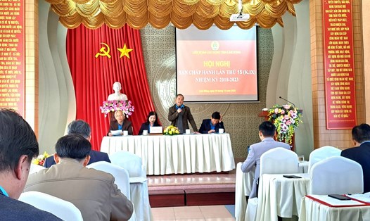 Ông Hoàng Liên, Chủ tịch LĐLĐ tỉnh Lâm Đồng gợi ý thảo luận tại Hội nghị. Ảnh: Đình Ngọc