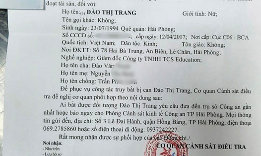 Quyết định truy nã Đào Thị Trang. Ảnh: Văn Minh
