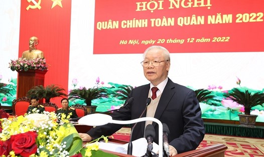 Tổng Bí thư Nguyễn Phú Trọng - Bí thư Quân uỷ Trung ương phát biểu chỉ đạo tại Hội nghị. Ảnh: Trọng Đức