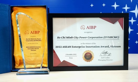 Biểu trưng và Giấy chứng nhận Giải thưởng Doanh nghiệp sáng tạo ASEAN năm 2022 do AIBP trao cho EVNHCMC. Ảnh: Đức Long