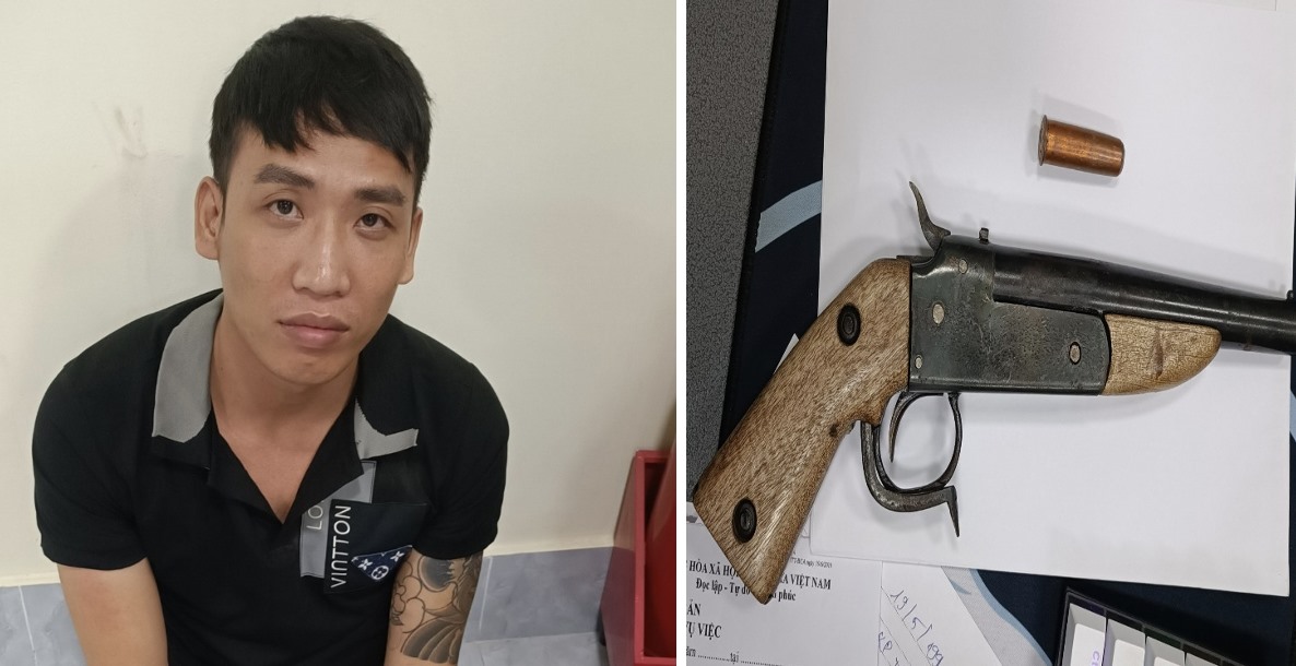 Đối tượng Phạm Viết Xứng và khẩu súng chuẩn bị đi đánh nhau. Ảnh: Công an Đồng Nai