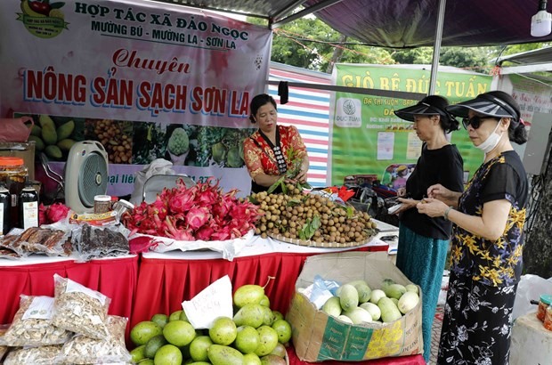 Gian hàng nông sản huyện Mường La (Sơn La) trong Tuần hàng tư vấn, giới thiệu và bán sản phẩm OCOP Hà Nội 2022. Ảnh: TTXVN