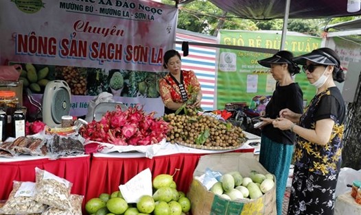 Gian hàng nông sản huyện Mường La (Sơn La) trong Tuần hàng tư vấn, giới thiệu và bán sản phẩm OCOP Hà Nội 2022. Ảnh: TTXVN