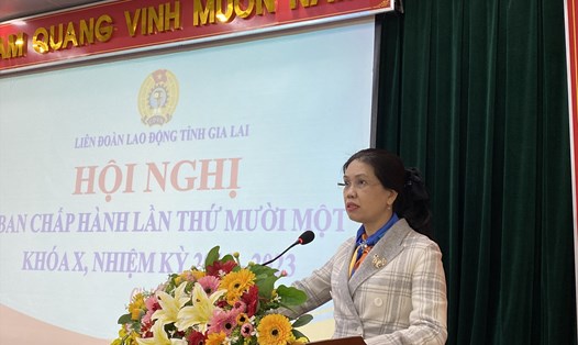Bà Trần Lệ Nhung - Chủ tịch LĐLĐ tỉnh Gia Lai phát biểu tại hội nghị. Ảnh Thanh Tuấn