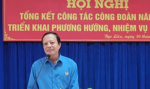 Chủ tịch LĐLĐ Bạc Liêu Nguyễn Văn Khánh phát biểu tại hội nghị. Ảnh: Nhật Hồ