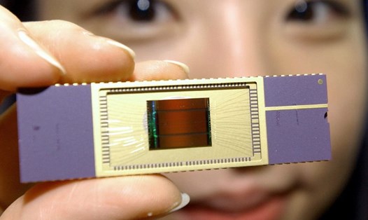 Nhân viên giới thiệu chip nhớ SDRAM 2-Gigabit DDR2 của Samsung. Ảnh: AFP
