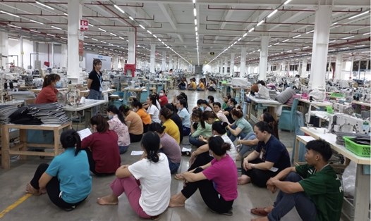 Công nhân Công ty TNHH Pousung Việt Nam (Đồng Nai) được phổ biến kiến thức, nâng cao tay nghề trong thời gian chờ việc làm. Ảnh: Hà Anh Chiến