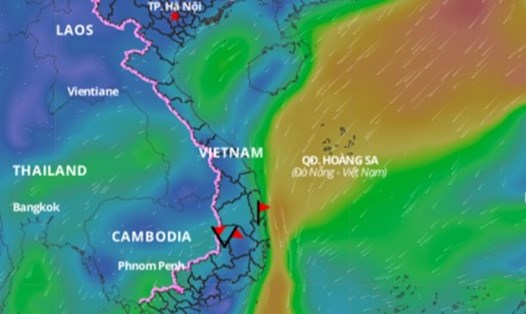 Lớp hướng gió hiện tại trên biển. Ảnh: Hệ thống giám sát thiên tai Việt Nam.