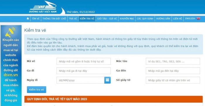 Khách mua vé cần truy cập website bán vé của đường sắt để kiểm tra vé đi tàu điện tử có hợp lệ không. Ảnh: Đường sắt Việt Nam.