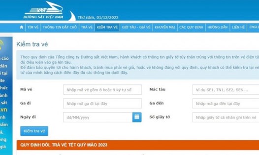 Khách mua vé cần truy cập website bán vé của đường sắt để kiểm tra vé đi tàu điện tử có hợp lệ không. Ảnh: Đường sắt Việt Nam.