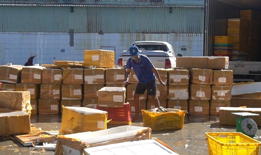 Đóng gói hàng hóa tại Cảng cá Tắc Cậu. Ảnh: Nguyên Anh