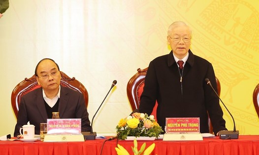 Tổng Bí thư Nguyễn Phú Trọng phát biểu tại Hội nghị Đảng uỷ Công an Trung ương 2022. Ảnh: Trí Dũng/TTXVN