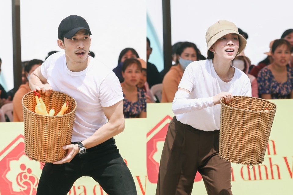 Thu Trang, Liên Bỉnh Phát lăn xả thực hiện thử thách. Ảnh: Golden Moon.