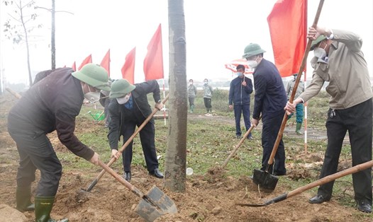Ông Nguyễn Văn Danh - Chủ tịch LĐLĐ Hà Tĩnh (thứ 2 từ trái qua) tham gia trồng cây. Ảnh: Trần Tuấn.