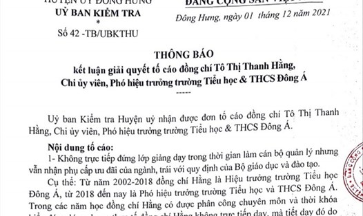 Thông báo kết luận giải quyết tố cáo của UBKT huyện ủy Đông Hưng (tỉnh Thái Bình).