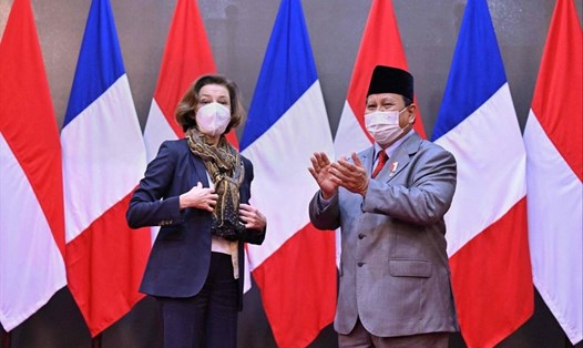 Bộ trưởng Quốc phòng Pháp Florence Parly (trái) với người đồng cấp Indonesia Prabowo Subianto tại Jakarta ngày 10.2. Ảnh: AFP