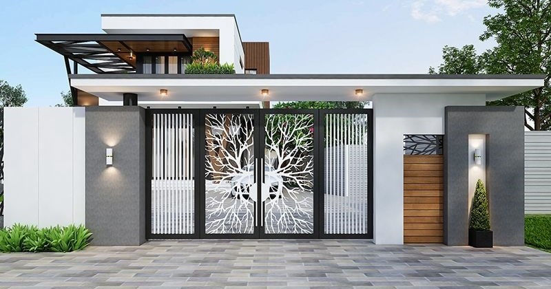CỔNG NHÀ PHỐ 5M HIỆN ĐẠI VỚI KIỂU DÁNG VUÔNG VẮN VÀ MÀU SẮC TỐI GIẢN