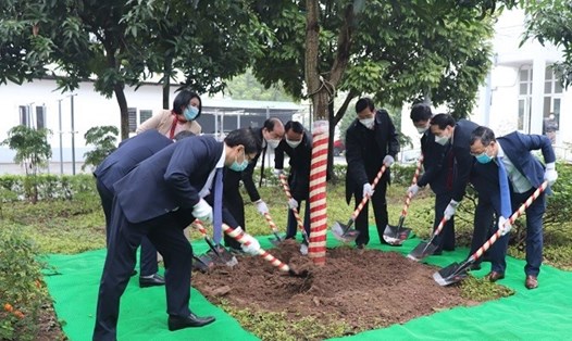 Lãnh đạo Sở Y tế, Công đoàn ngành Y tế Hà Nội trồng cây tại Bệnh viện đa khoa Gia Lâm. Ảnh: CĐN