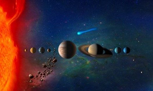Hệ Mặt trời bao gồm Mặt trời, 8 hành tinh, ít nhất 138 mặt trăng, sao chổi, tiểu hành tinh và nhiều loại đá không gian. Ảnh: NASA